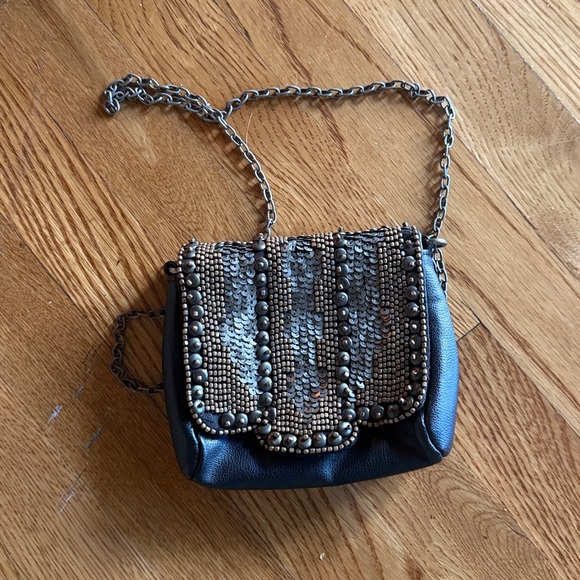 ECOTE ladies small beaded sequin black handbag, long chain handle - Picture 2 of 7